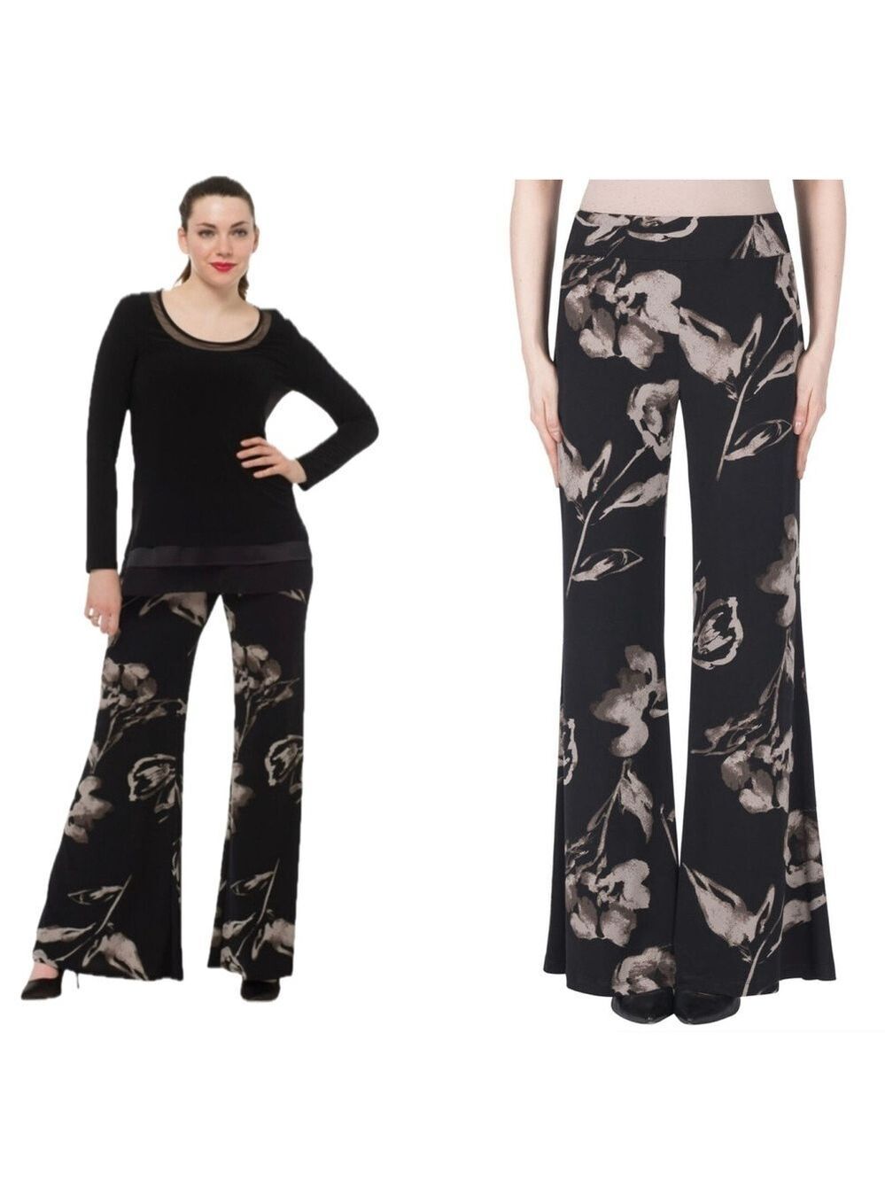 Joseph Ribkoff black taupe floral palazzo pants flowy wide-leg
